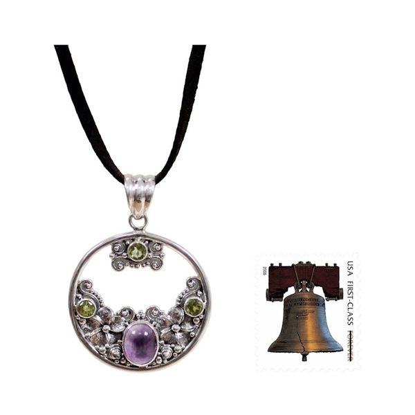 Alternate image for Peridot Amethyst and Sterling Silver Necklace Bali Jewelry Frangipani Moon