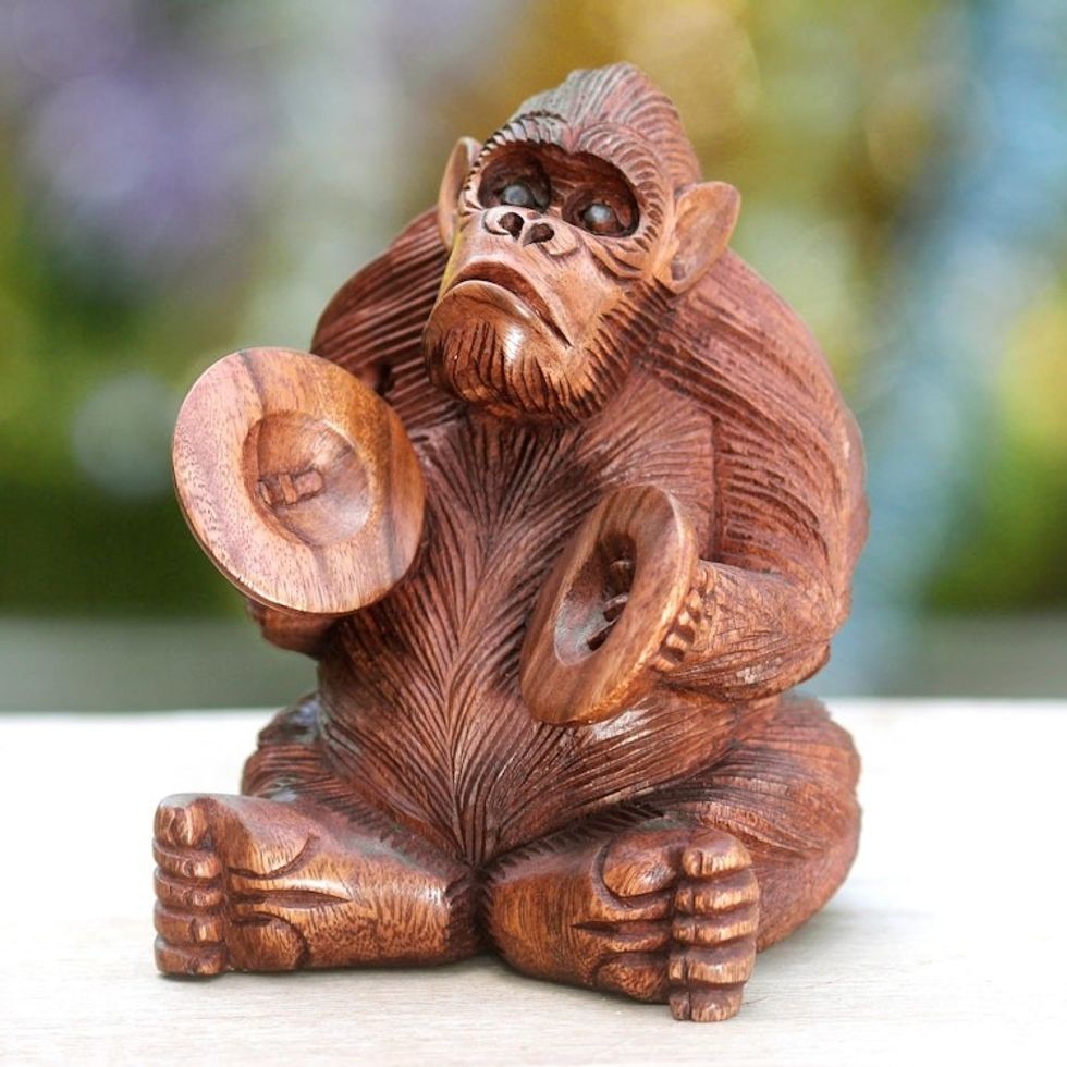 Hand-carved Sculpture from Bali 'Orangutan Plays the Ceng-ceng'