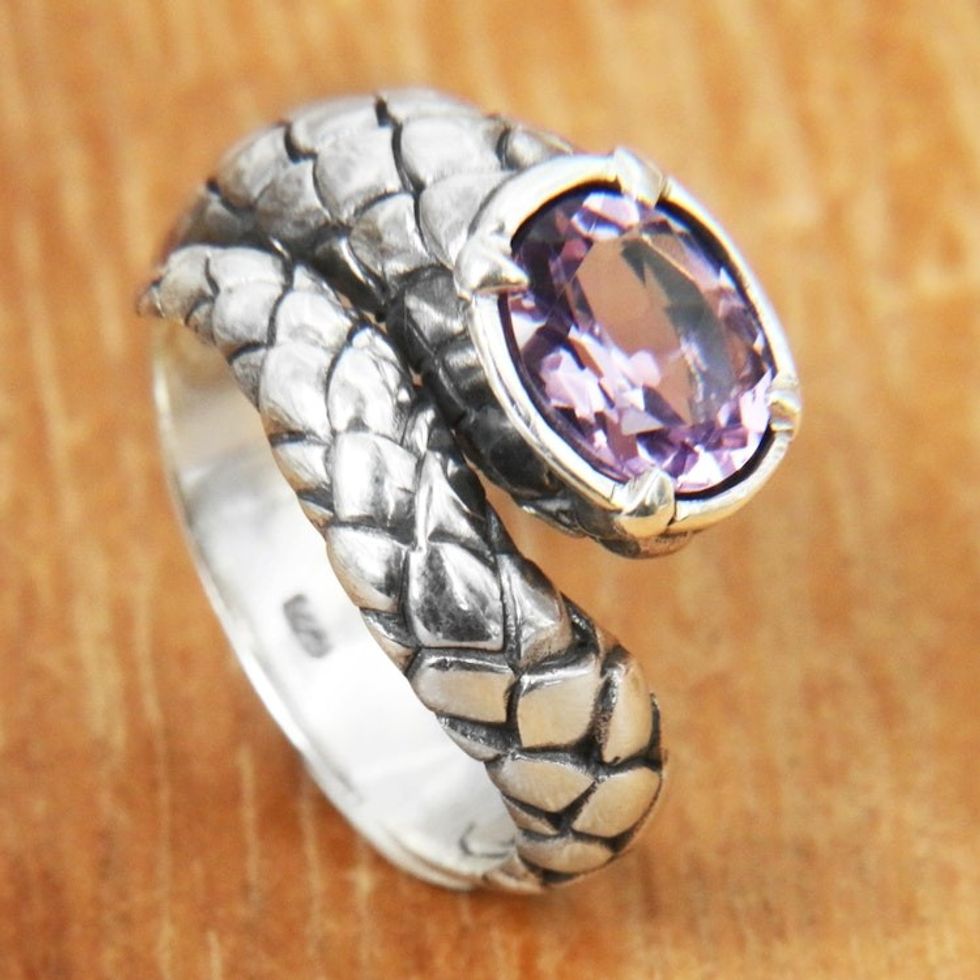 Amethyst and Sterling Silver Cocktail Ring with Snake Motif 'Snake Tail'