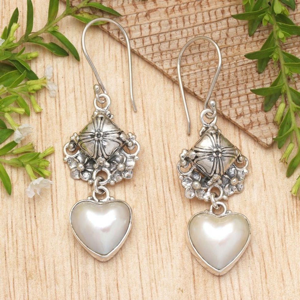Heart-Shaped Mabe Pearl and Silver Dangle Earrings 'Pure of Heart'