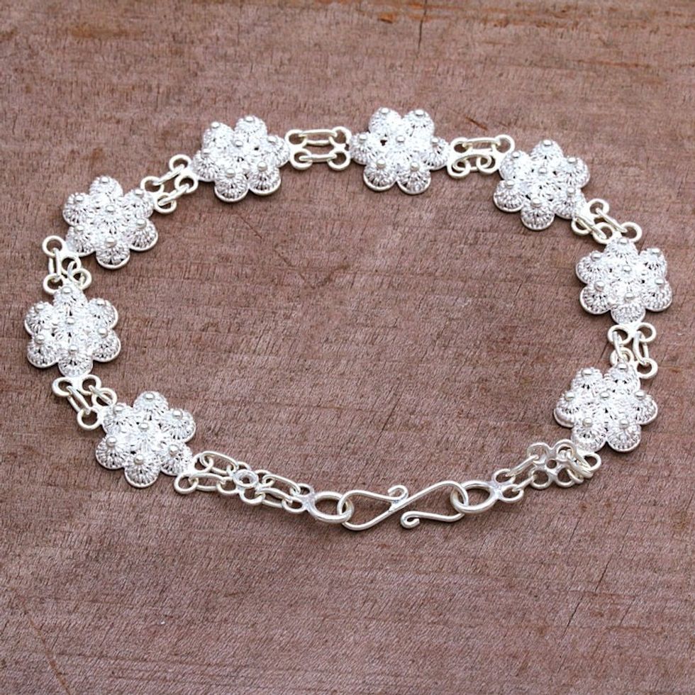 Artisan Crafted Sterling Silver Station Bracelet from Bali 'Seven Stupas'