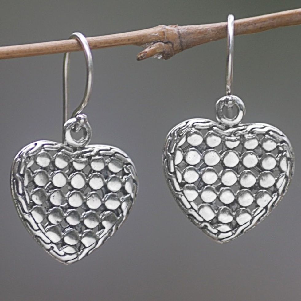 Sterling Silver Heart Dangle Earrings Handmade in Indonesia 'Heart of Steel'