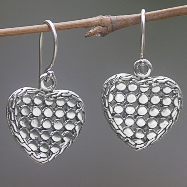 Alternate image for Sterling Silver Heart Dangle Earrings Handmade in Indonesia Heart of Steel