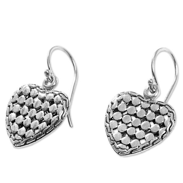 Alternate image for Sterling Silver Heart Dangle Earrings Handmade in Indonesia Heart of Steel