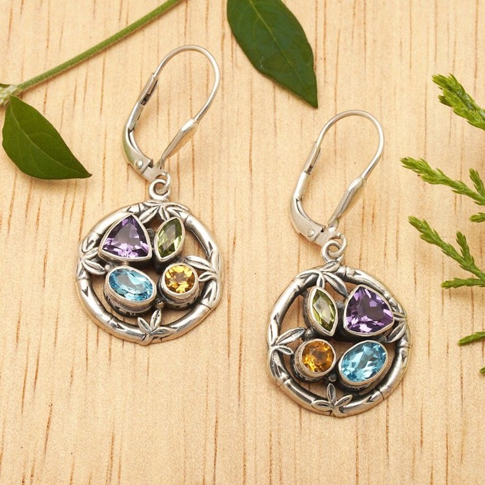 Multi-gemstone Sterling Silver Dangle Earrings from Bali 'Splendid Bamboo'