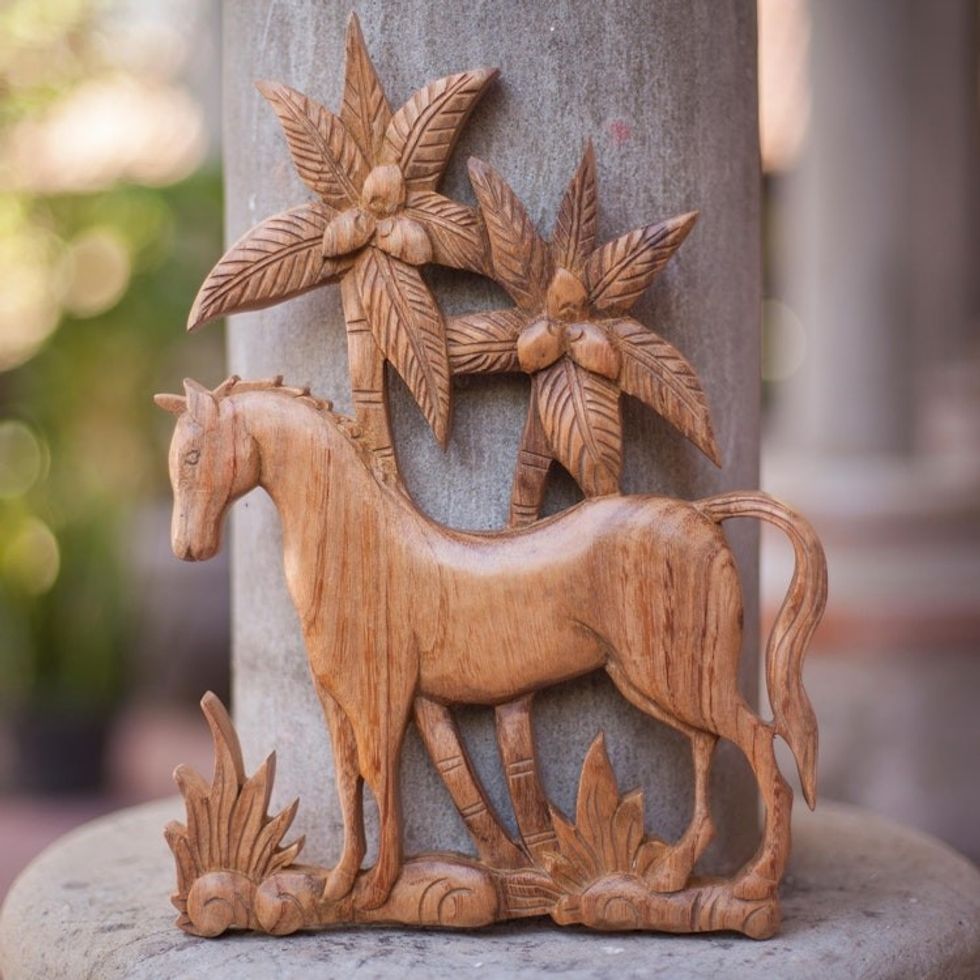Artisan Carved Horse Motif Balinese Relief Sculpture 'Sumba Pony'