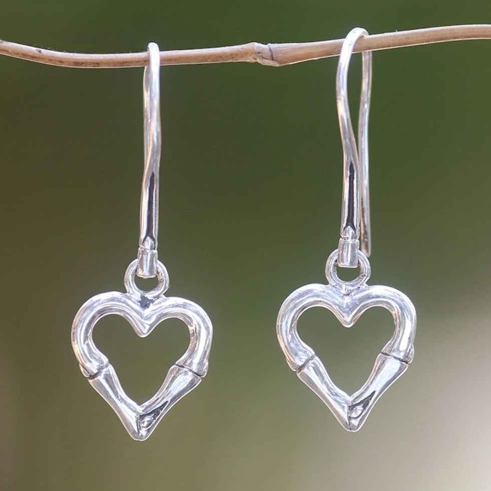 Balinese Bamboo Motif Sterling Silver Heart Earrings 'Bamboo Heart'