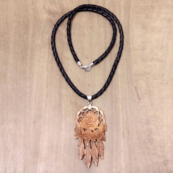 Alternate image for Balinese Hand Carved Floral Bone and Leather Necklace Rose Bouquet