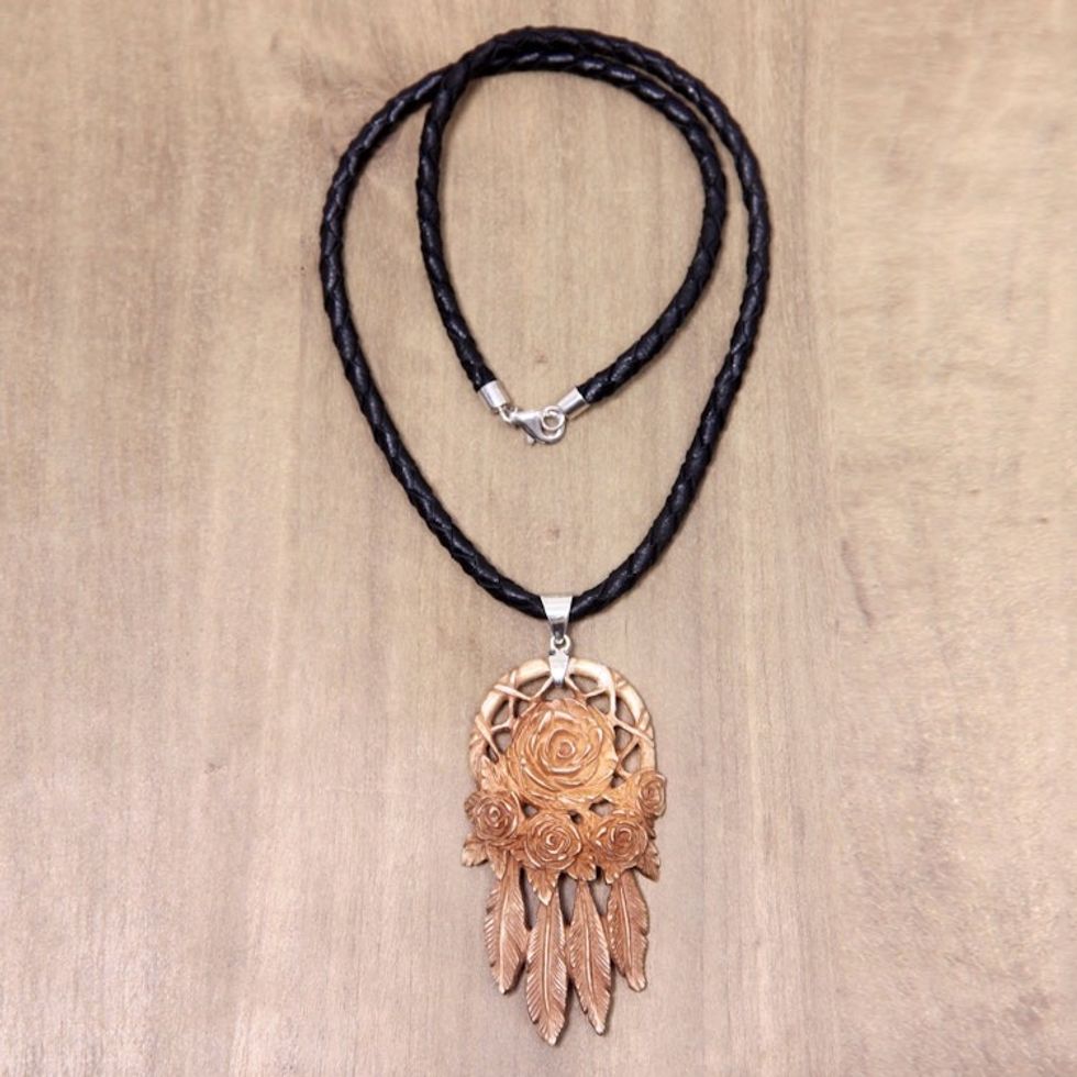 Balinese Hand Carved Floral Bone and Leather Necklace 'Rose Bouquet'