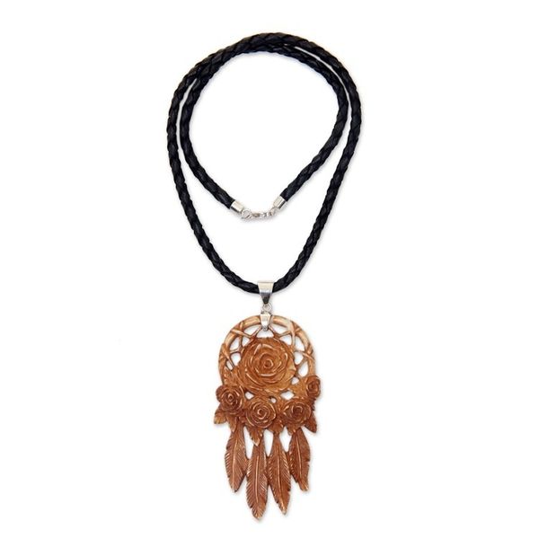 Alternate image for Balinese Hand Carved Floral Bone and Leather Necklace Rose Bouquet