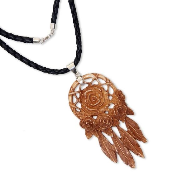 Alternate image for Balinese Hand Carved Floral Bone and Leather Necklace Rose Bouquet