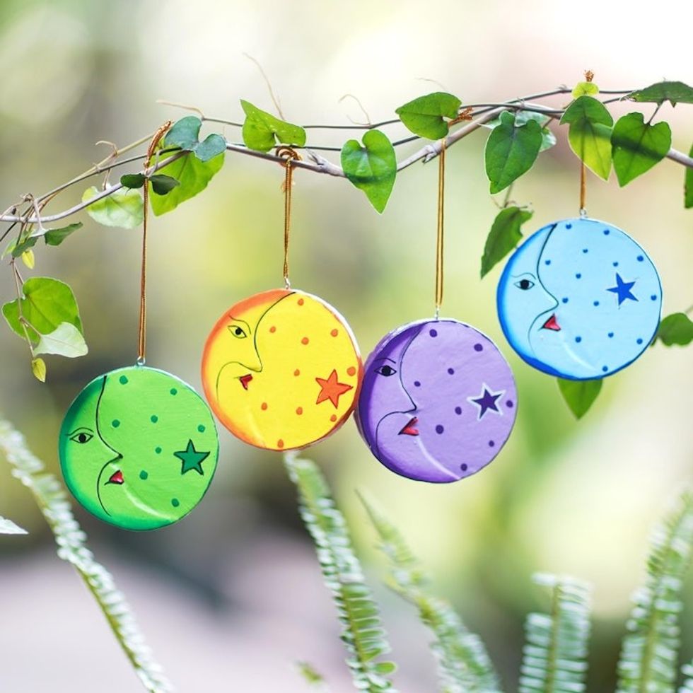 Fair Trade Hand Painted Moon and Star Ornaments Set of 4 'Moon and Star'