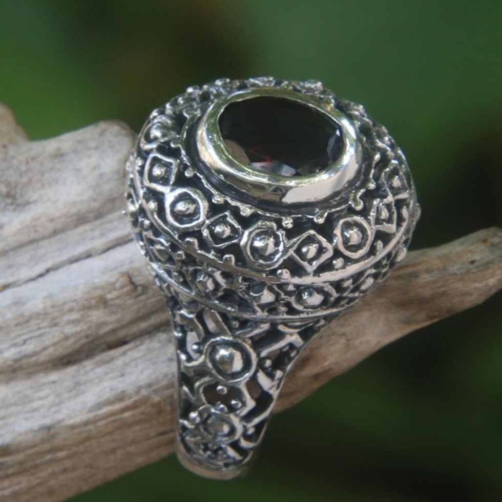 Ornate Balinese Garnet and Sterling Silver Ring 'Ornate Jungle Wreath'