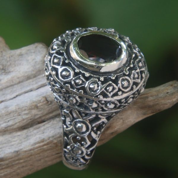 Alternate image for Ornate Balinese Garnet and Sterling Silver Ring Ornate Jungle Wreath