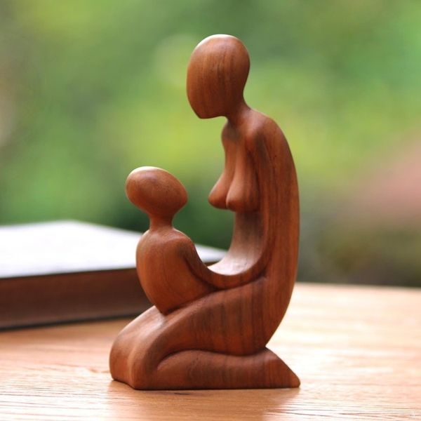 Alternate image for Hand Carved Suar Wood Mother and Child Sculpture from Bali Mother and Her Child