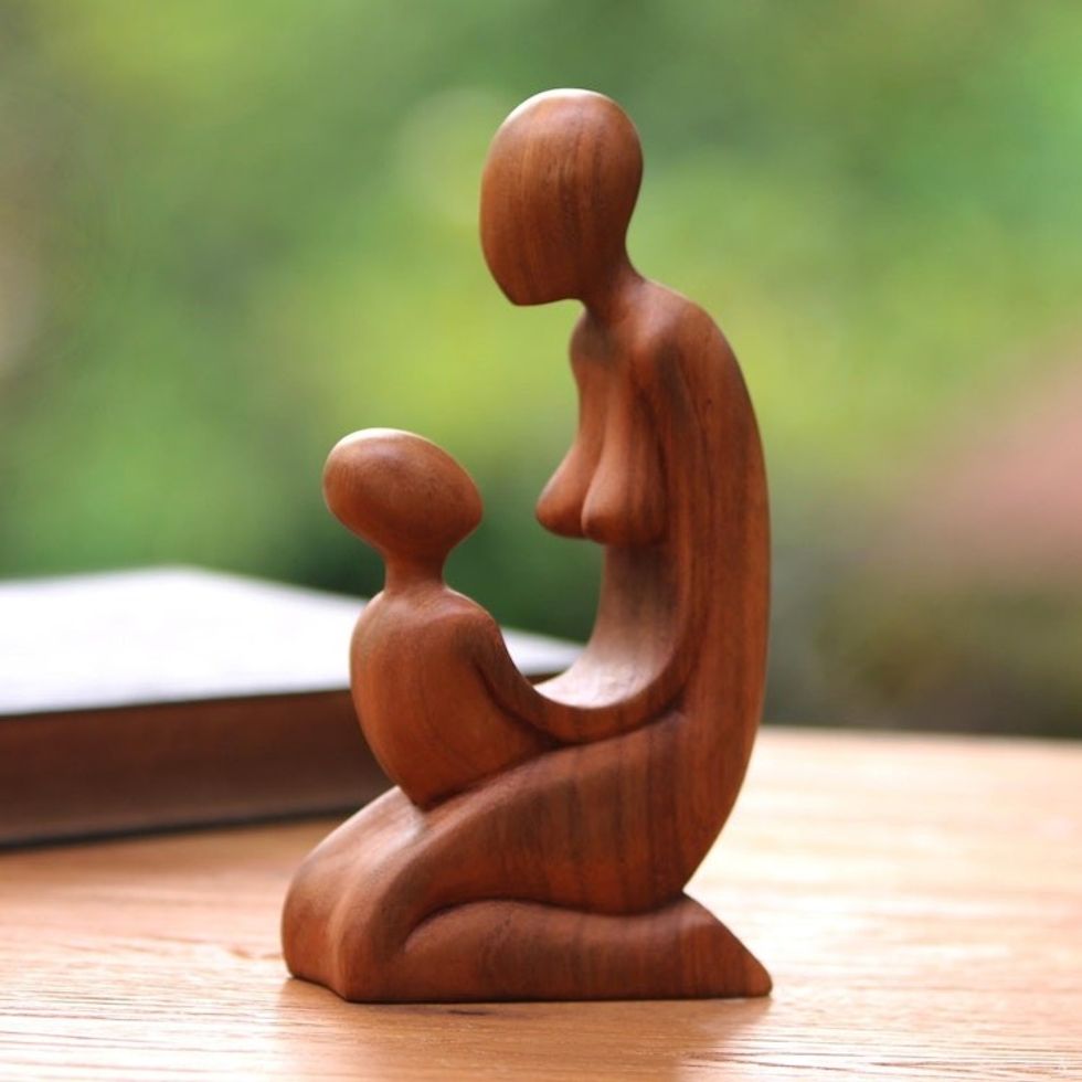 Hand Carved Suar Wood Mother and Child Sculpture from Bali 'Mother and Her Child'