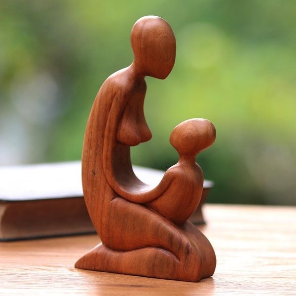 Alternate image for Hand Carved Suar Wood Mother and Child Sculpture from Bali Mother and Her Child