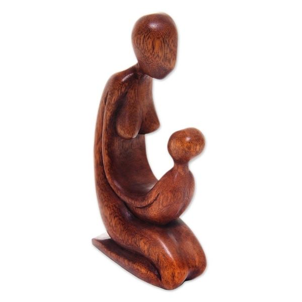 Alternate image for Hand Carved Suar Wood Mother and Child Sculpture from Bali Mother and Her Child
