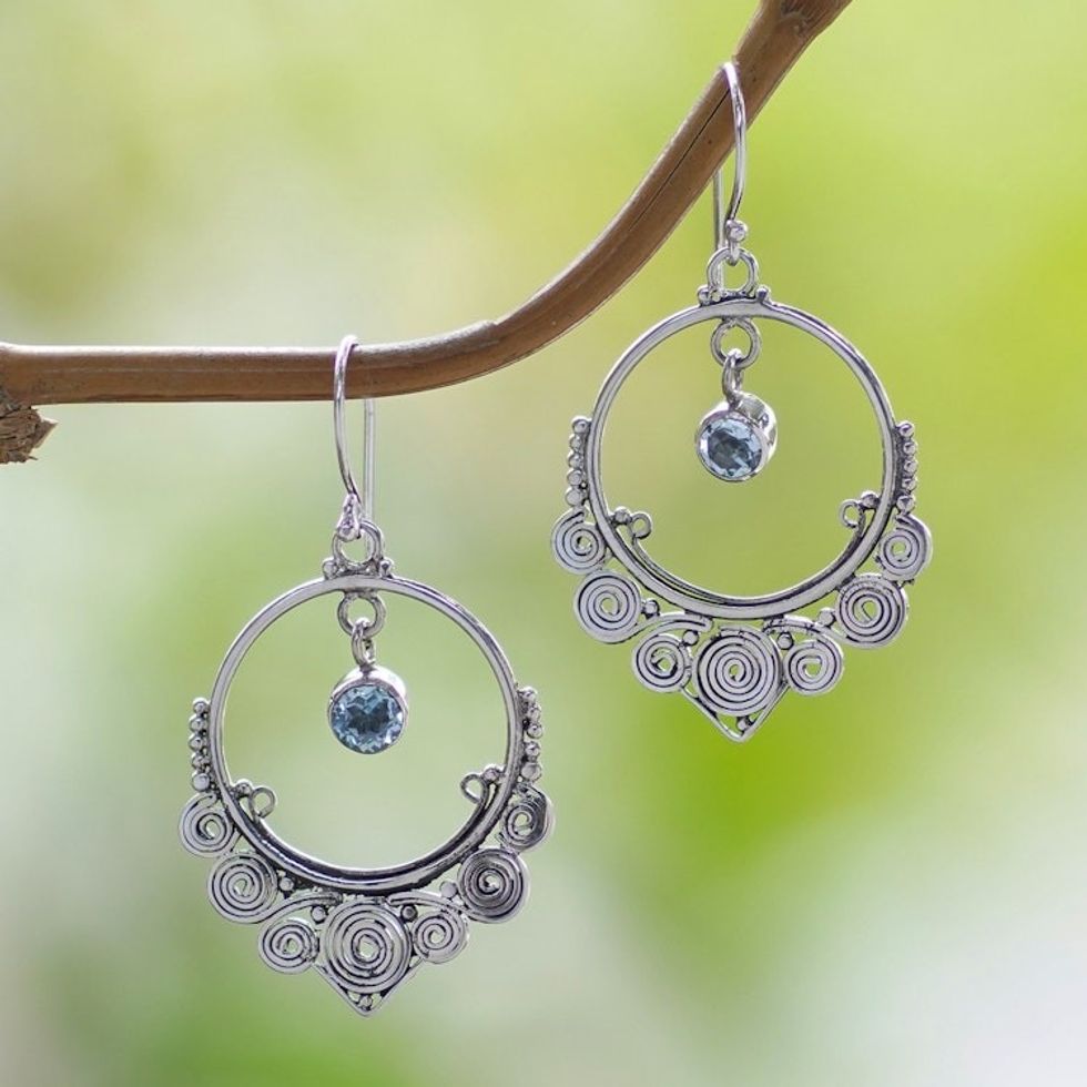 Ornate Silver Dangle Earrings with One Carat of Blue Topaz 'Opulence'
