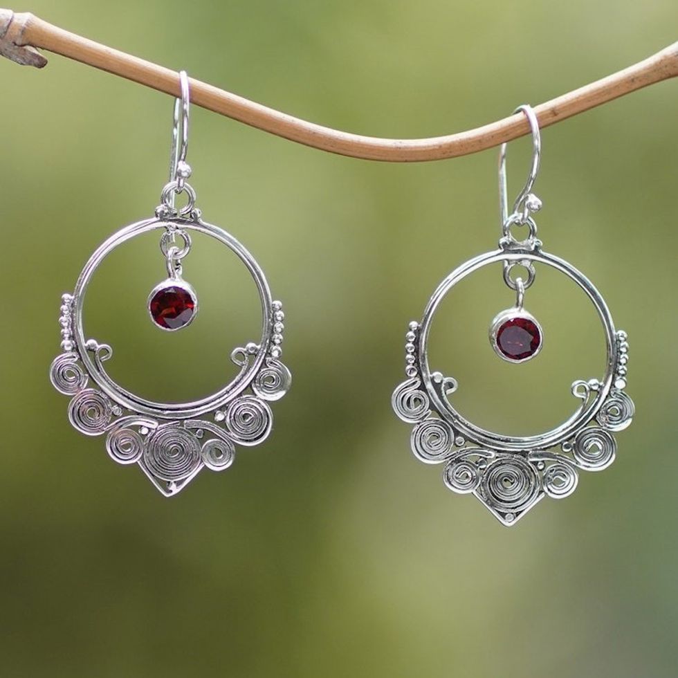 Round Sterling Silver Dangle Earrings with Garnets 'Opulence'