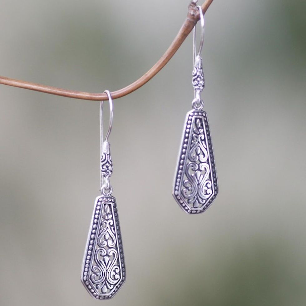 Sterling Silver Shield Dangle Earrings from Indonesia 'Dayak Beauty'