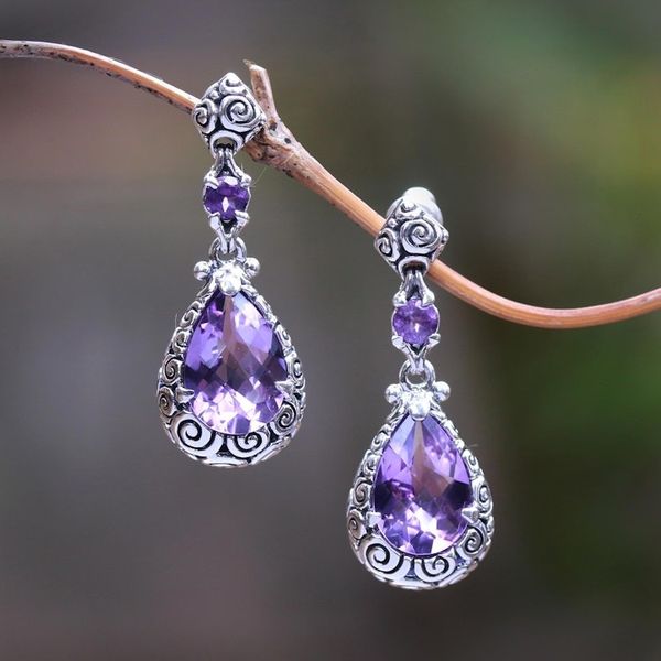 Alternate image for Hand Made Amethyst Dangle Earrings from Indonesia Glistening Buddhas Curls