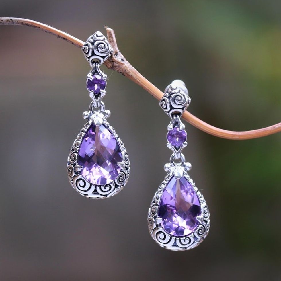Hand Made Amethyst Dangle Earrings from Indonesia 'Glistening Buddha's Curls'