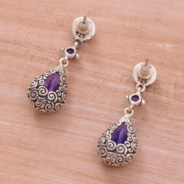 Alternate image for Hand Made Amethyst Dangle Earrings from Indonesia Glistening Buddhas Curls