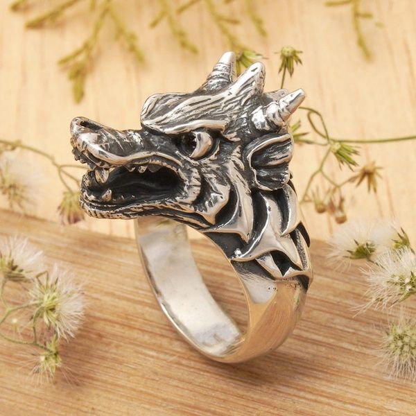 Alternate image for Garnet and Sterling Silver Mens Dragon Wolf Ring Dragon Wolf