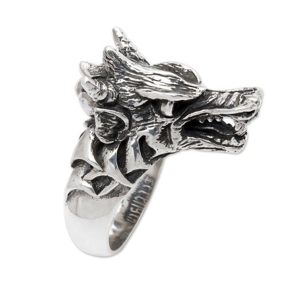 Alternate image for Garnet and Sterling Silver Mens Dragon Wolf Ring Dragon Wolf
