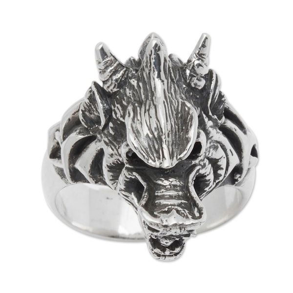 Alternate image for Garnet and Sterling Silver Mens Dragon Wolf Ring Dragon Wolf