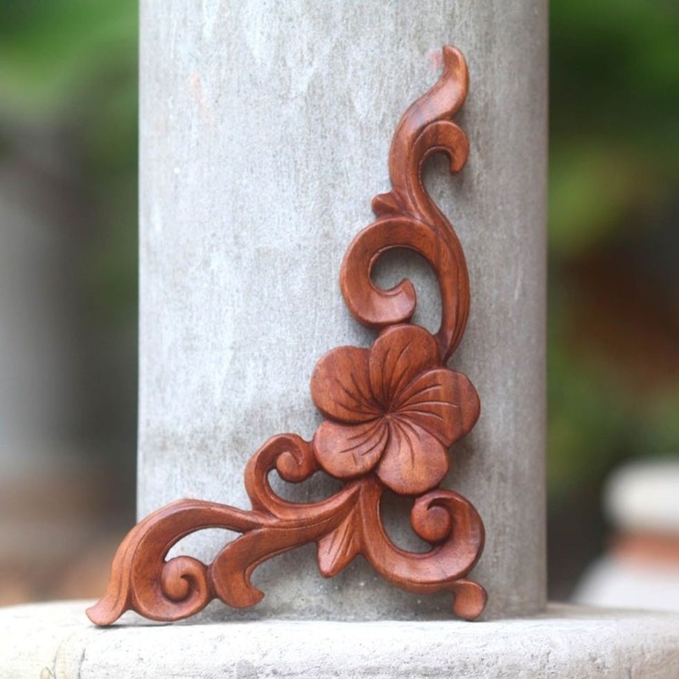 Suar Wood Floral and Vine Wall Panel from Balinese Artisan 'Plumeria Vine II'
