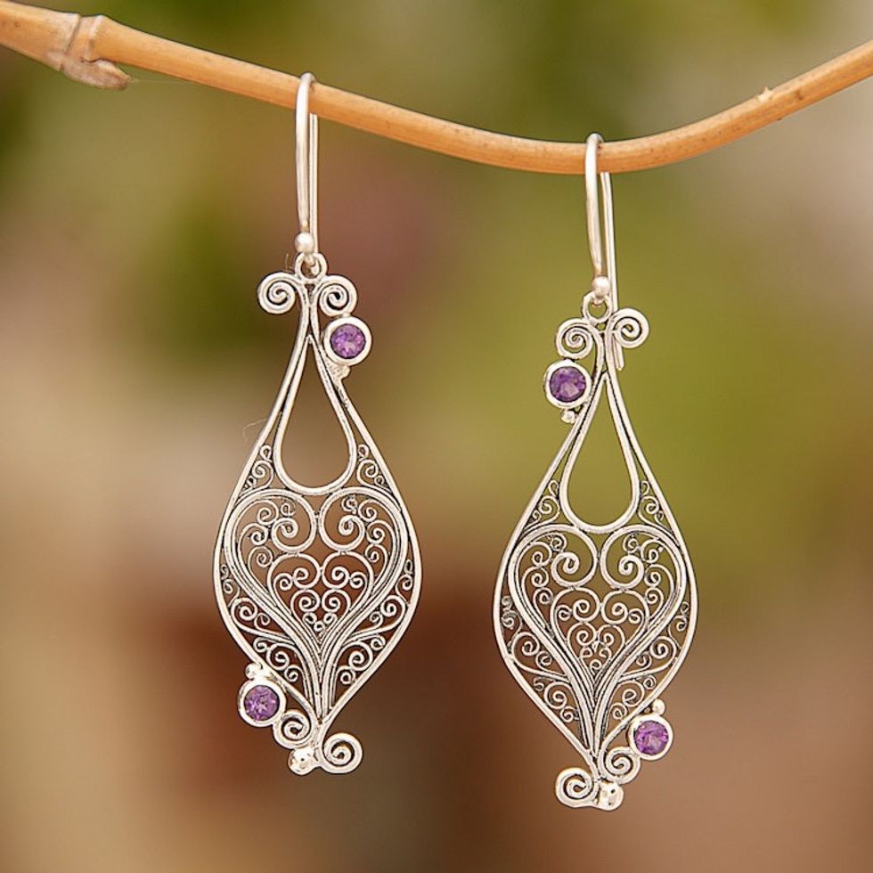 Heart Sterling Silver Amethyst Dangle Earrings Indonesia 'Heart-Shaped Love'