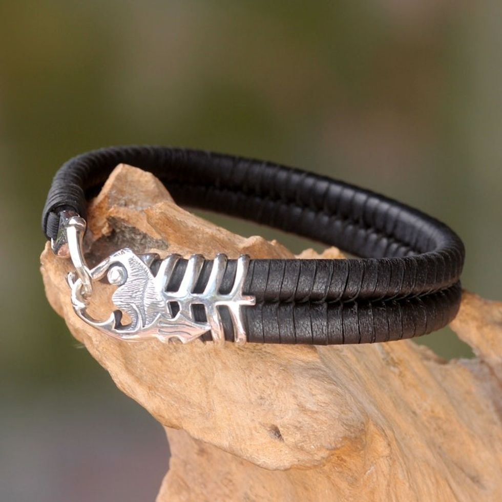 Unique Fish Themed Men's Leather and 925 Silver Bracelet 'Gone Fishing'