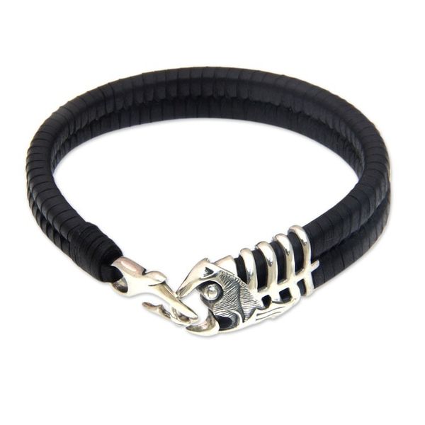 Alternate image for Unique Fish Themed Mens Leather and 925 Silver Bracelet Gone Fishing