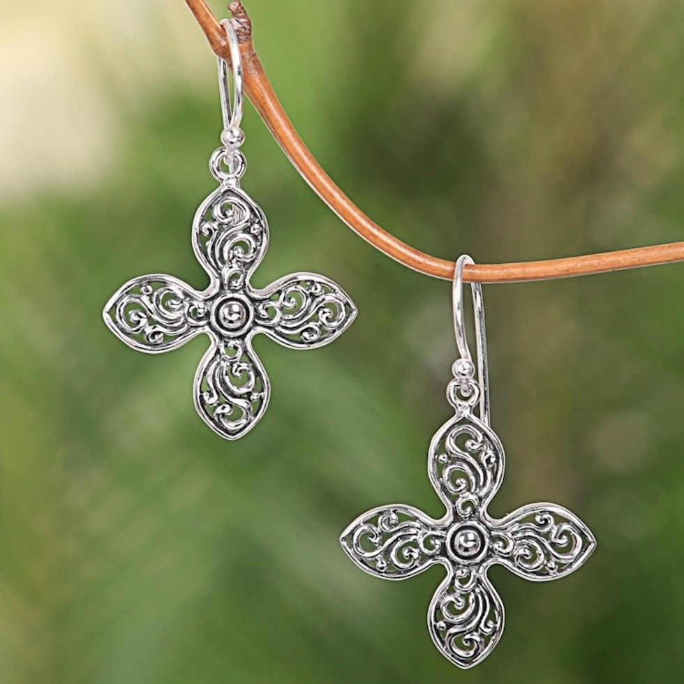 Handcrafted Floral Silver Cross Shaped Earrings from Bali 'Melati Cross'