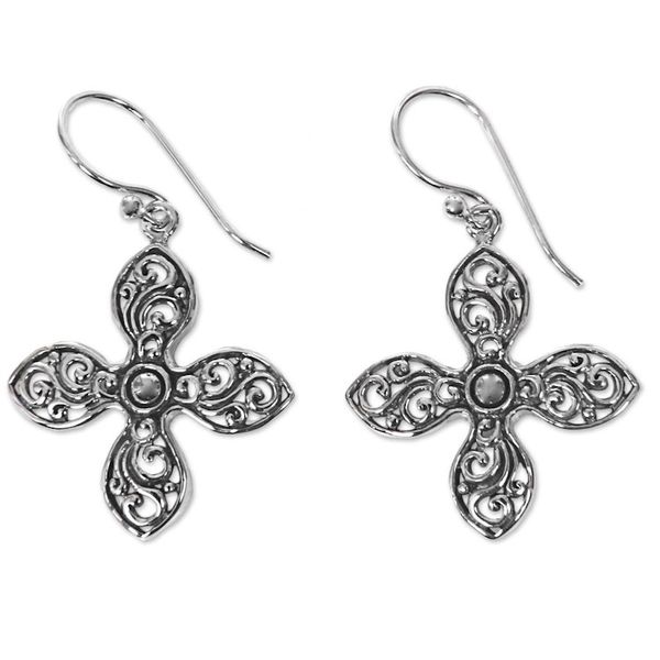 Alternate image for Handcrafted Floral Silver Cross Shaped Earrings from Bali Melati Cross