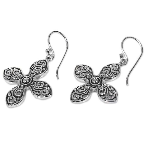 Alternate image for Handcrafted Floral Silver Cross Shaped Earrings from Bali Melati Cross