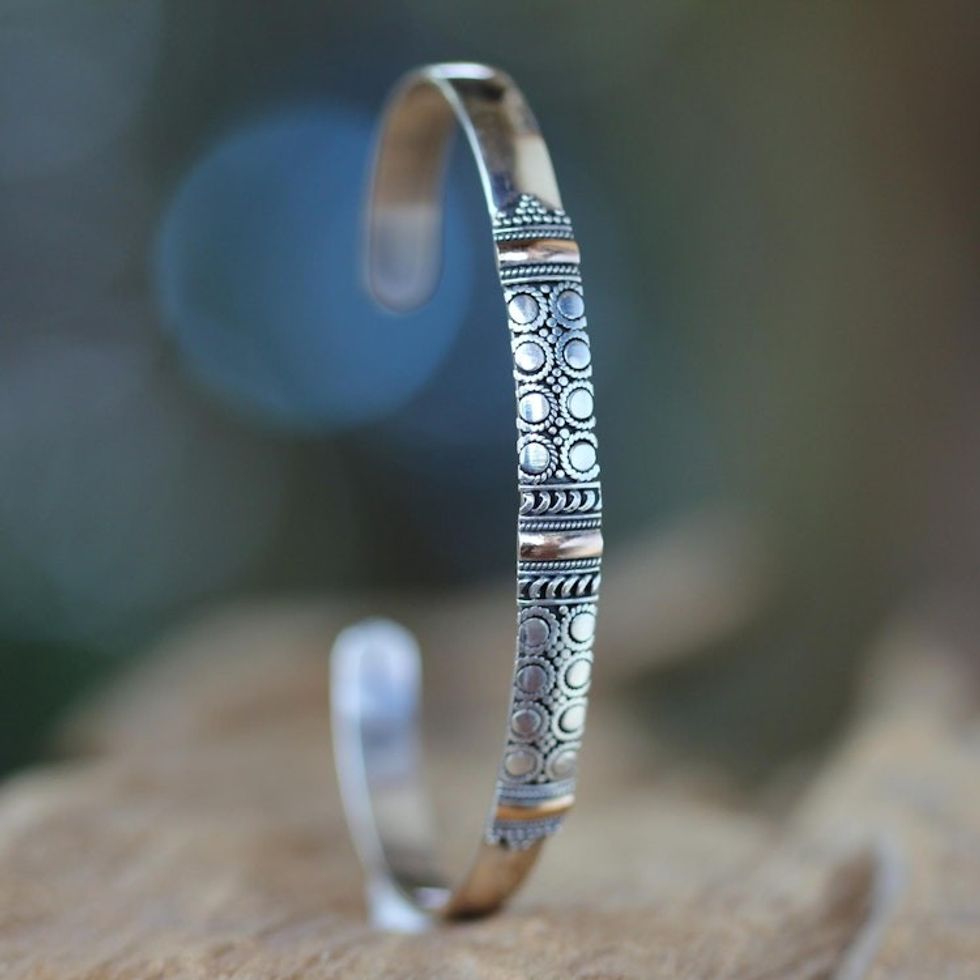 Balinese Silver Cuff Bracelet with 18k Gold Accents 'Hypnotic Moon'