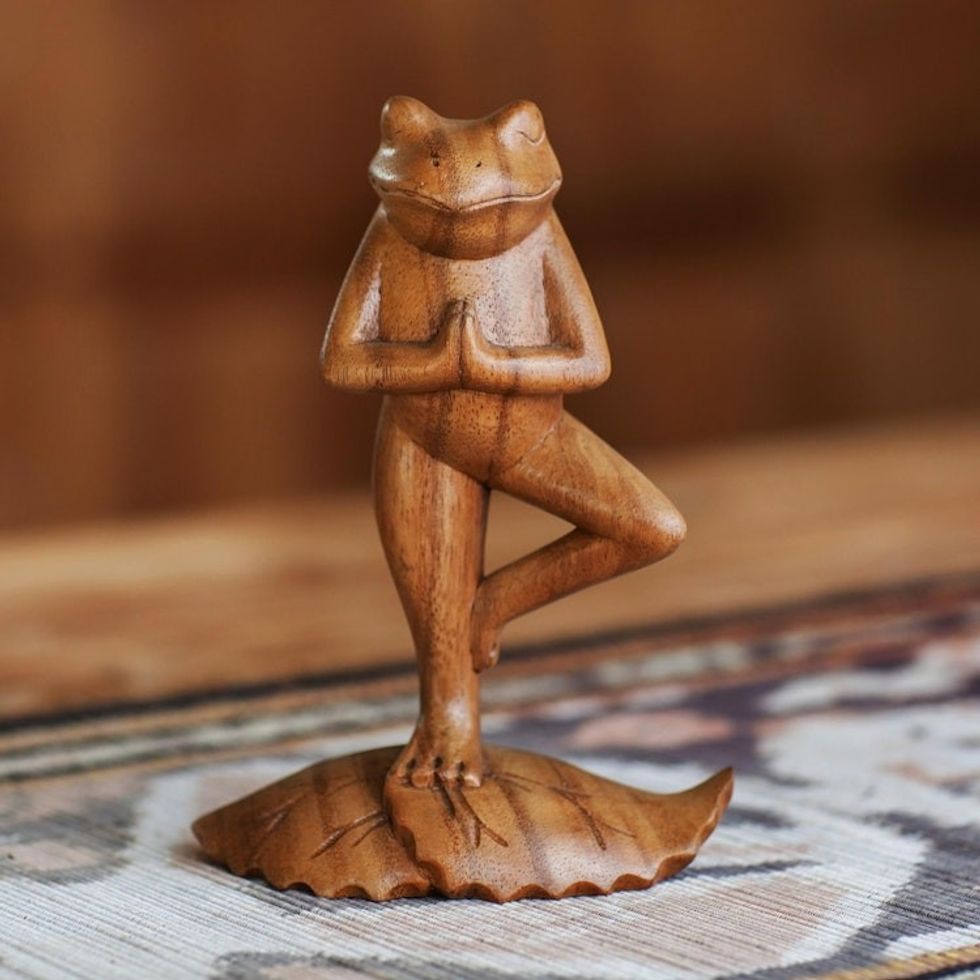 Handcrafted Wood Sculpture 'Tree Pose Yoga Frog'