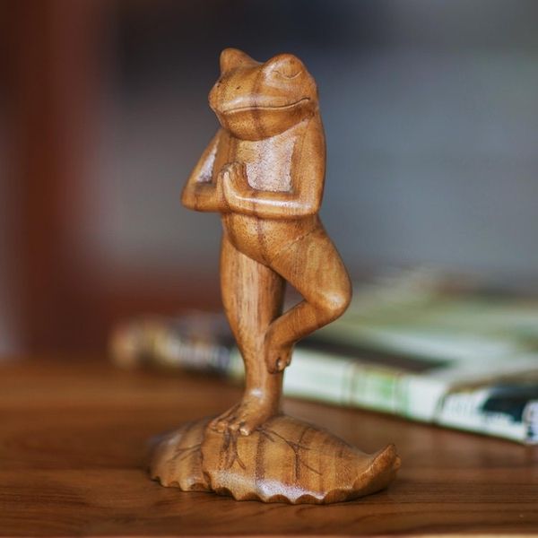 Alternate image for Handcrafted Wood Sculpture Tree Pose Yoga Frog