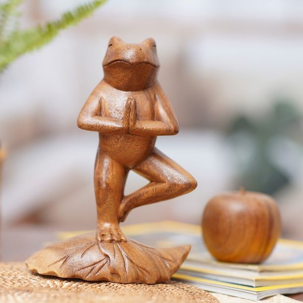 Alternate image for Handcrafted Wood Sculpture Tree Pose Yoga Frog