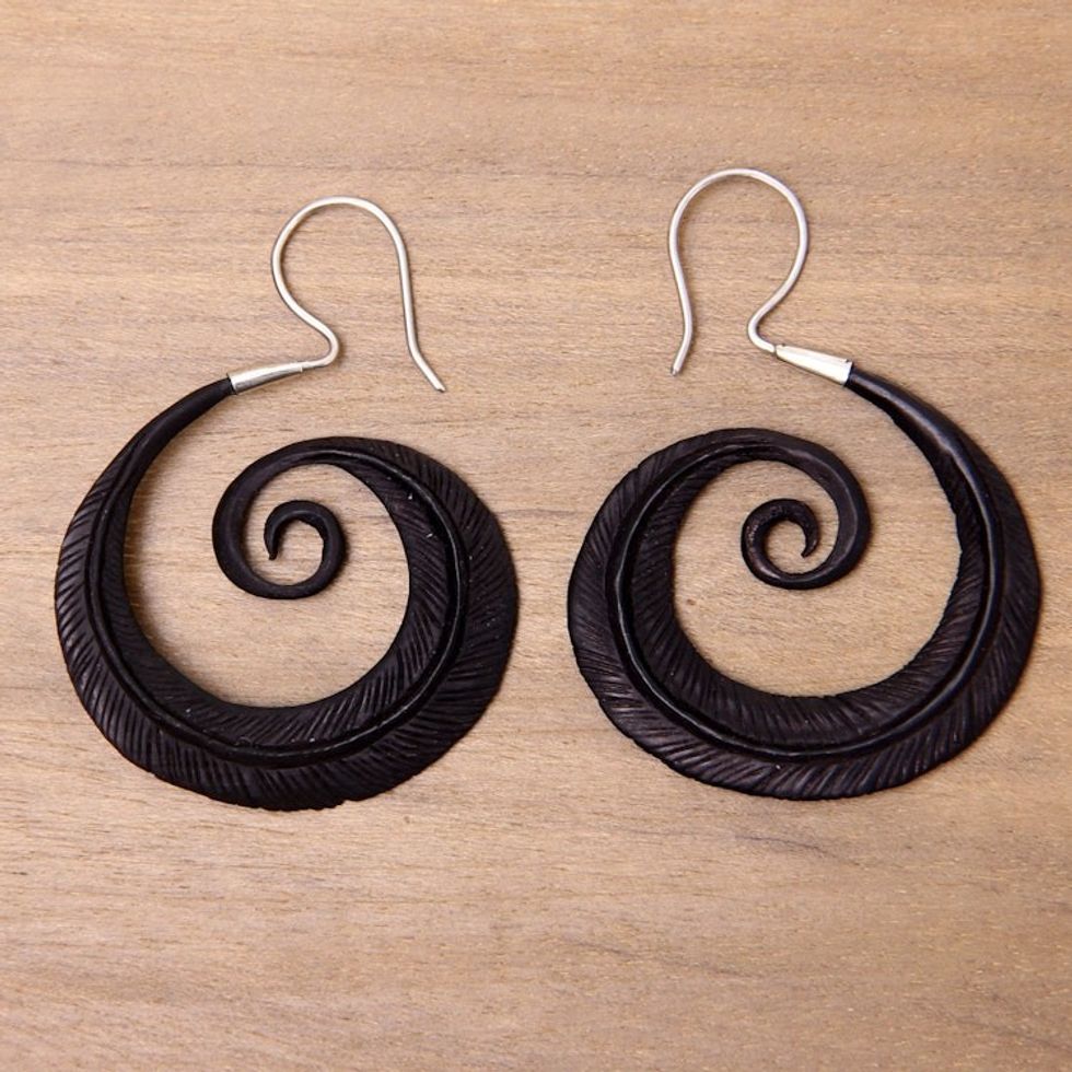 Silver Hook Water Buffalo Horn Earrings with Feather Theme 'Feather Spiral'