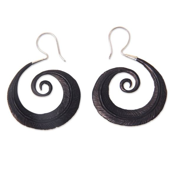 Alternate image for Silver Hook Water Buffalo Horn Earrings with Feather Theme Feather Spiral