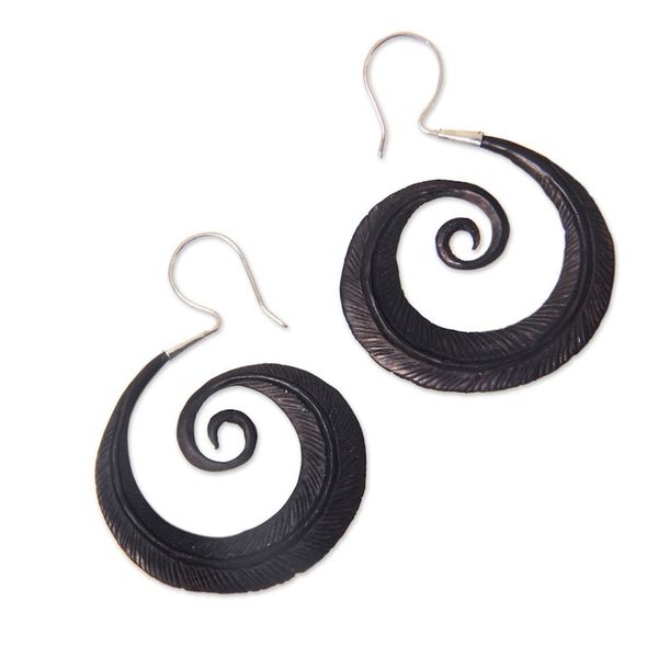 Alternate image for Silver Hook Water Buffalo Horn Earrings with Feather Theme Feather Spiral