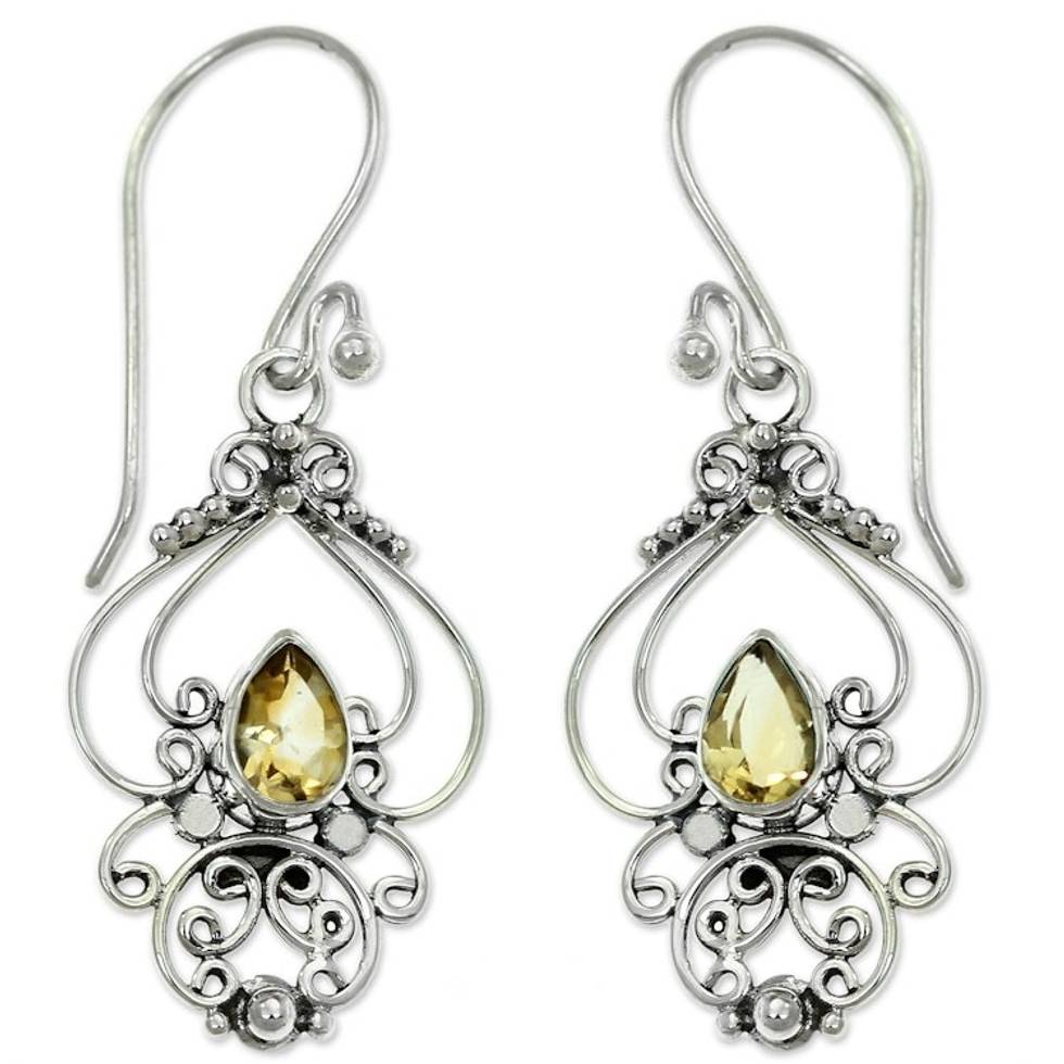 Ornate Citrine and Sterling Silver Dangle Earrings 'Golden Arabesque'