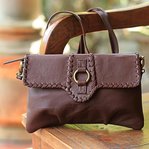 Alternate image for Soft Leather Brown Shoulder Bag with Bronze Fixtures Coffee Brown Boho