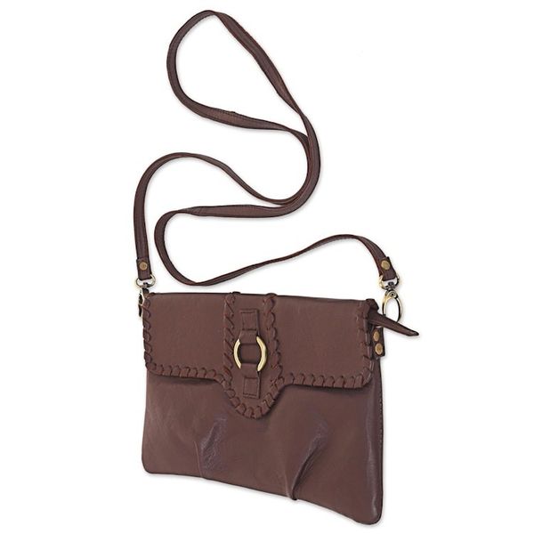 Alternate image for Soft Leather Brown Shoulder Bag with Bronze Fixtures Coffee Brown Boho