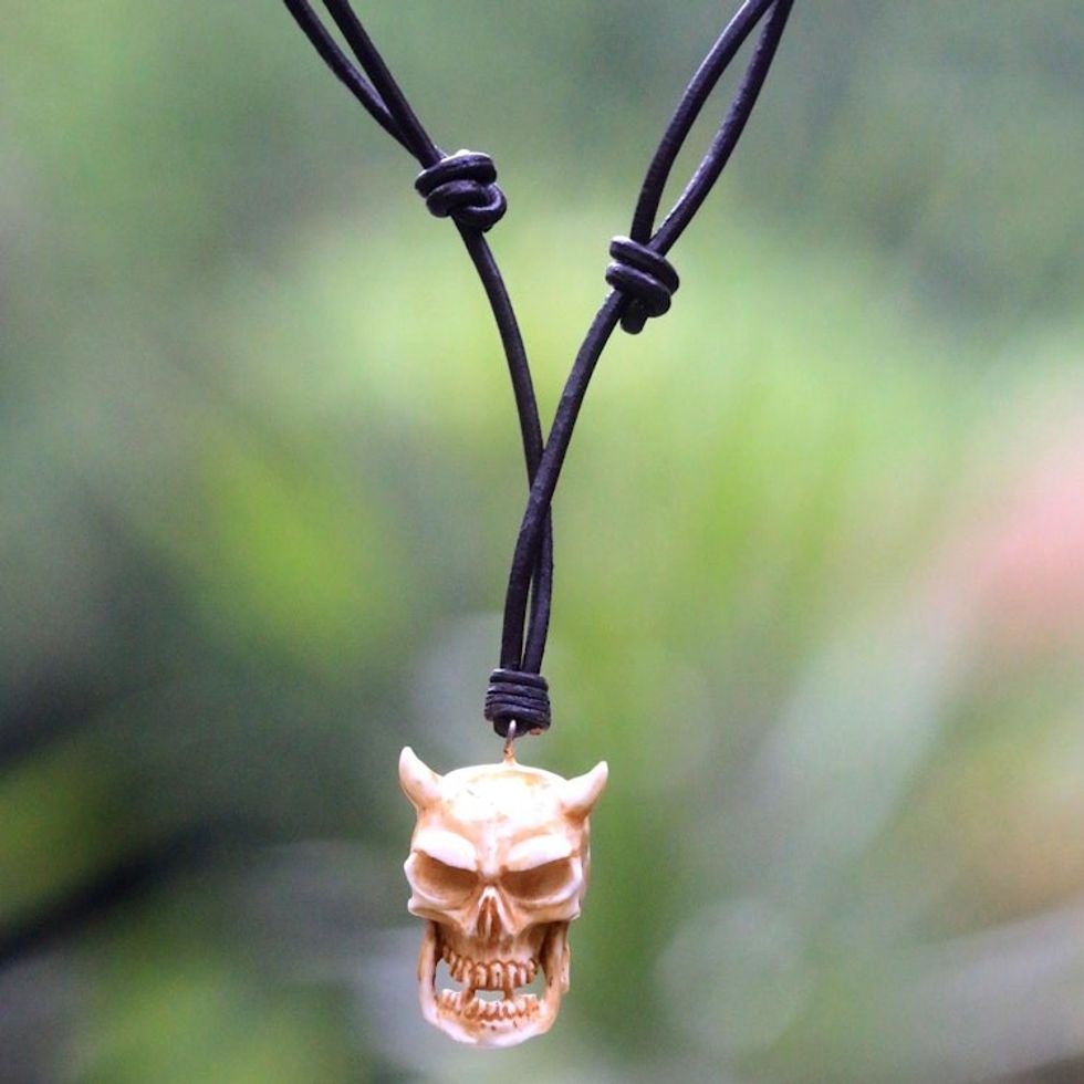 Handmade Cow Bone and Leather Devil Skull Necklace from Bali 'Demon King'