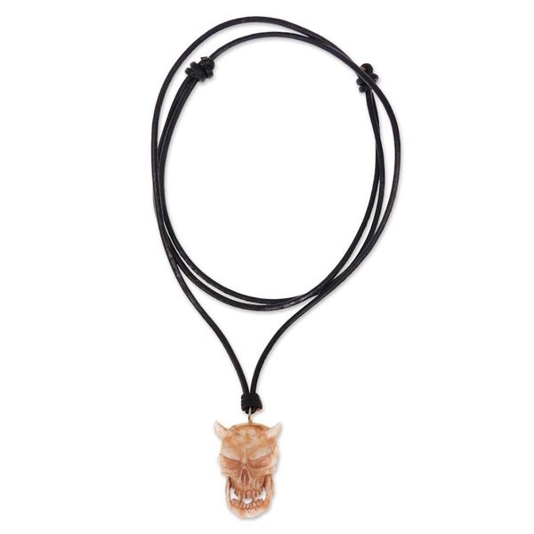 Alternate image for Handmade Cow Bone and Leather Devil Skull Necklace from Bali Demon King
